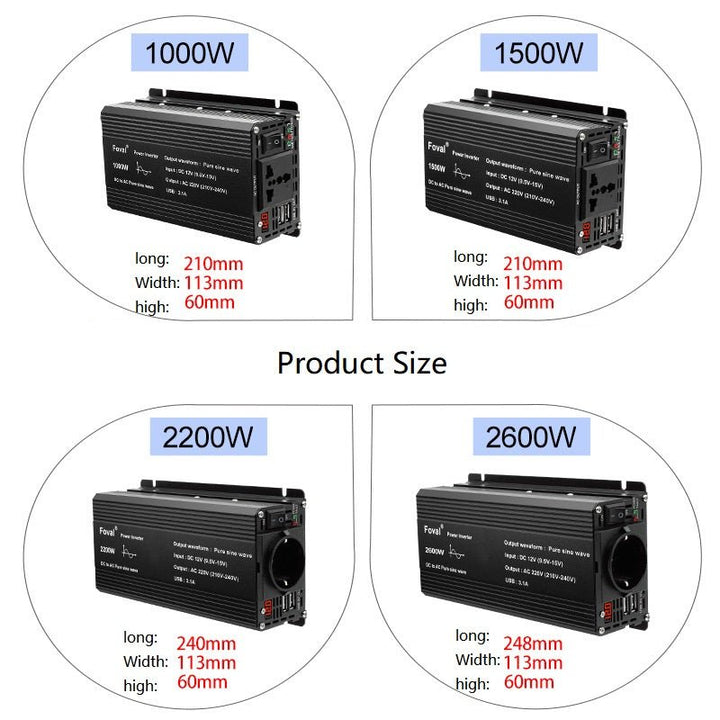 Pure Sine Wave 350W-2600W Black Model 12V to 110v-240V Inverter - SHIELDEN